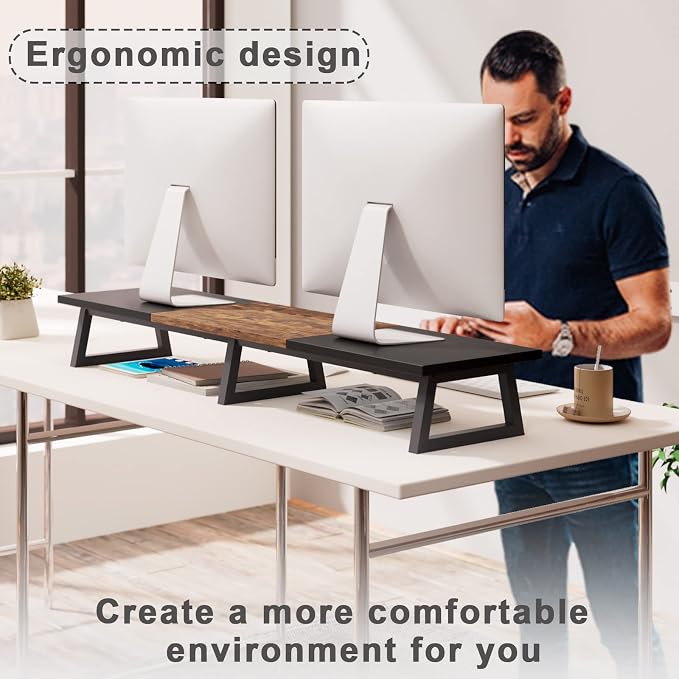 TEAMIX 42 inch Large Dual Monitor Riser, Desk Organizer Stand for TV Laptop | Extra Long Computer Stand Shelf, Wood & Steel TV Riser, Holds 300lbs, Keyboard & PS5 Storage Below, For Home Office & Gaming - Image 5