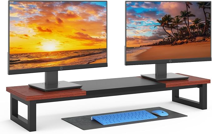 YAOHUOO Dual Monitor Stand Riser, 39Inch Large Monitor Stands for 2 Monitors, Computer Monitor Stand, Wooden Desktop Oraganizer Shelf for Office Desk Computer,Laptop,TV by YAOHUOO