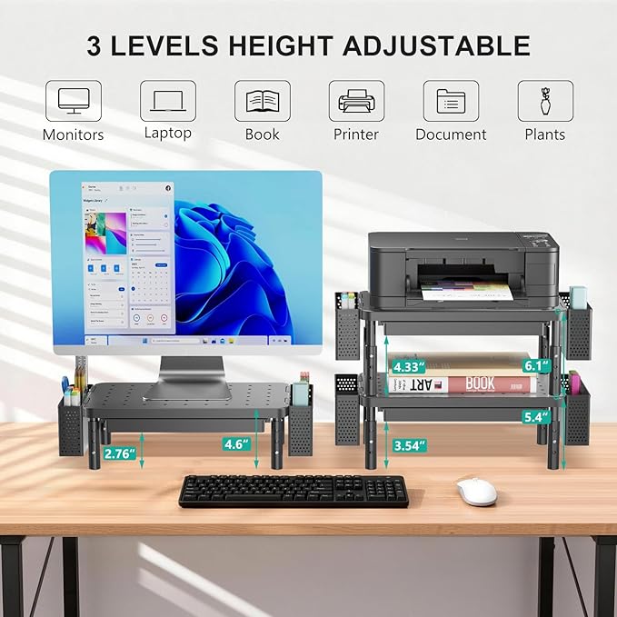 WALI Computer Monitor Stand with Storage, Desk Organizer with Drawer and Pen Holder, Desk Monitor Riser 3 Height Adjustable, Laptop Riser for Computer, Laptop, Printer(PTT003-B), 1 Pack, Black - Image 2