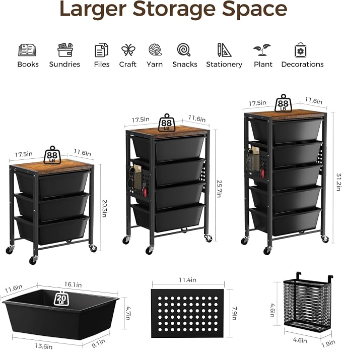 Rolling Cart with 5 Drawers, Plastic Drawer Storage Carts with Wheels & Wooden Tabletop, Metal Utility Cart with Pegboards, Office Living Room Classroom Craft Organization and Storage, Dark Black - Image 3