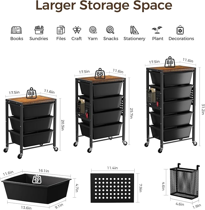 Rolling Cart with 4 Drawers, Plastic Drawer Storage Carts with Wheels & Wooden Tabletop, Metal Utility Cart with Pegboards, Office Living Room Classroom Craft Organization and Storage, Dark Black - Image 3