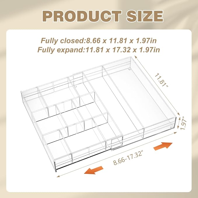 Briwooody 2 Pcs Acrylic Desk Drawer Organizer Maximum 11.8 x 17 x 1.9 Inch Expandable Drawer Organizer Trays with 7 Adjustable Compartments Desk Accessories for Makeup Silverware Office Bathroom - Image 2