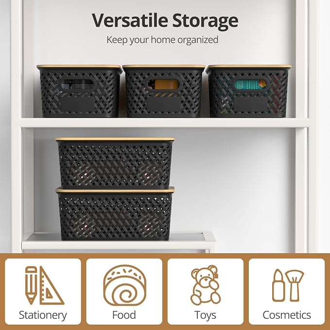 Plastic Storage Bins with Bamboo Lids, Stackable Small Box Baskets for Organizing and Containers for Shelves Drawers Desktop Closet Pantry Classroom Office Home, 6 Pack 10.2x7.2x4.1 Inch, Black - Image 6
