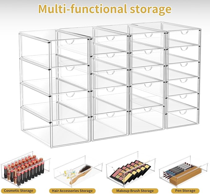 20 Drawers Acrylic Makeup Organizer, stackable Acrylic Storage Drawer | 4 Set Clear Storage Drawers, Acrylic Drawer Organizer for Desktop Office Supplies Make Up Pen Accessories - Image 4