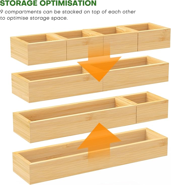 MapleGrace Bamboo Drawer Organizer Set, 9 PCS Wood Storage Organizers | Multi-Use Junk Drawer Divider, Storage Trays Containers for Kitchen, Bathroom, Office Desk, Makeup, Jewelry, Utensils - Image 2