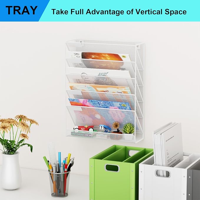 Wall File Organizer Holder Mesh Hanging Paper Document Holder,Vertical 6 Pocket Tier for Office Home, White - Image 7