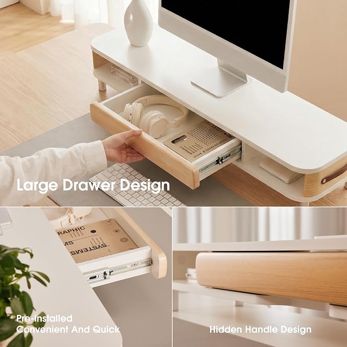 Fenge Dual Monitor Stand with Large Storage Drawer, 42.5" Dsek Shelf, White | Slide-Out Drawer with Wood Grain Finish, Ergonomic Monitor Riser, Aluminum leg, 2-Tier Desk Organizer for Laptop, TV, PC - Image 4