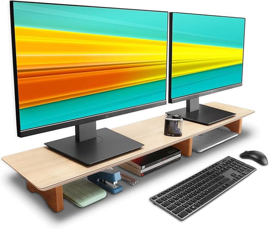 Aothia Large Dual Monitor Stand Riser, Solid Wood Desk Shelf with Eco Cork Legs for Laptop Computer/TV/PC/Printers, Perfect Desktop Stands Organizer with Underneath Storage for Office Accessories by AothiaSimpleNaturalUnique