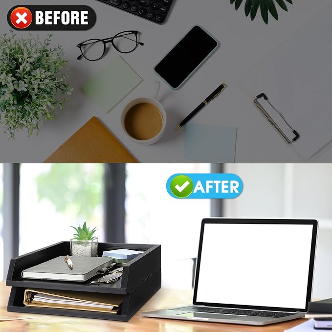 DoubleFill 2 Pcs Wooden Letter Trays 2 Tier Desktop Paper Organizer Wood Letter-Size Desk Document Tray Heavy Duty Stackable Paper Drawer Holder File Folder Back to School Office Home (Black) - Image 5