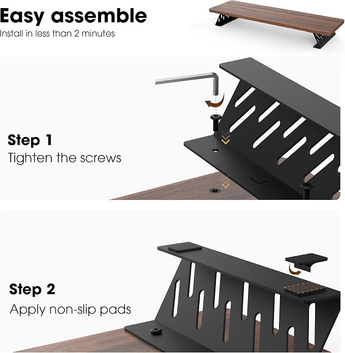 Fenge Monitor Stand Riser, Wooden & Metal Desk Shelf Organizer, Brown | 42.5 Inch Dual Monitor Riser for 2 Monitors, Multifunctional Monitor Shelf for Laptop, PC, Printer - Image 4