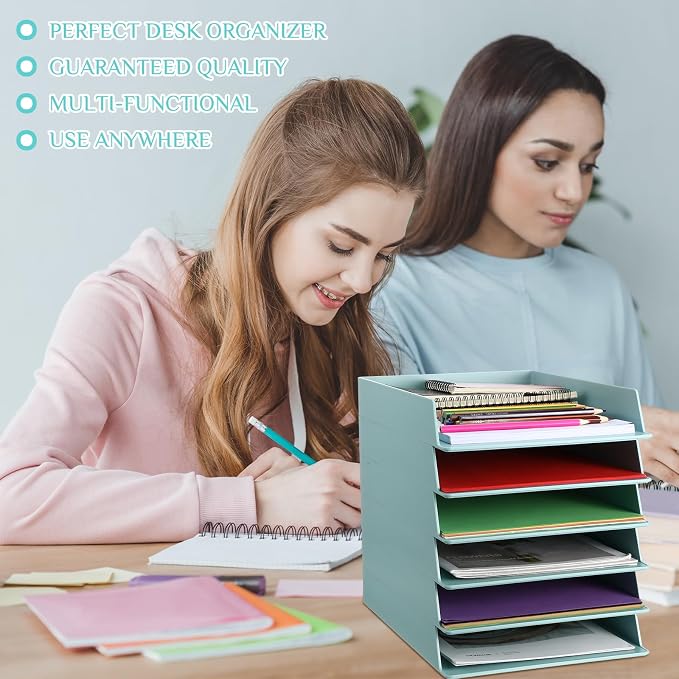 Tatuo 6 Pack Stackable Paper Trays Plastic Letter Tray Desk Organizer Paper Holder Organizer Storage Office Desk Accessories for Classroom Magazine File Documents 12.8 x 9.45 x 1.97, Blue Green - Image 5