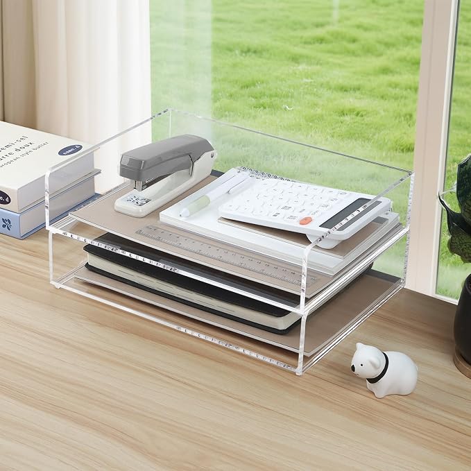 2 Pack Acrylic Paper Tray Organizer for Desk Clear File Organizer,Acrylic Desk Organizers and Accessories Sorter,Perfect for File Paper, Ipad, Letter, A4 Office File, Books, Notes. - Image 4