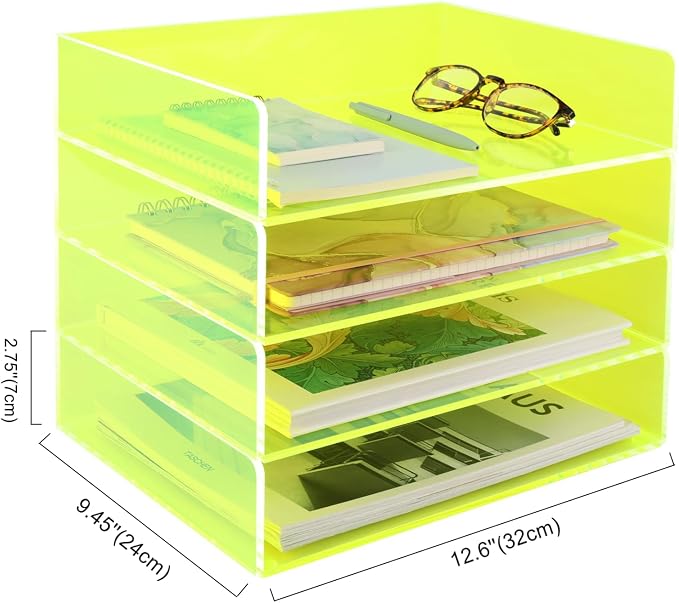 Gelite Acrylic File Organizer for Desk 4 Tiered Stackable Letter Tray Office Paper Storage Desktop Document Sorter, Neon Green - Image 2