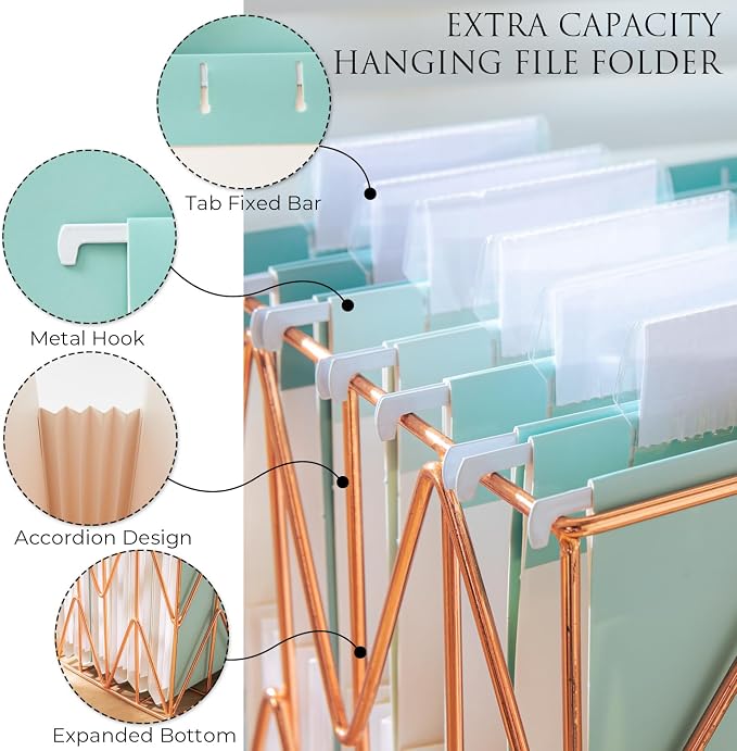 Y YOMA Letter Size - 24 Pack Extra Capacity Hanging File Folders Accordion Decorative Reinforced File Folder Cute Colored Expandable Folder for Office Home with 1/5-Cut Adjustable Tabs, Teal Blue - Image 4