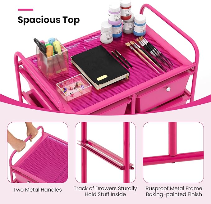 Giantex 10 Drawers Rolling Cart, Classroom Organizers, Storage Cart with Wheels, for Teacher Office Home School Supplies Tool Craft Art Paper, Hot Pink - Image 8