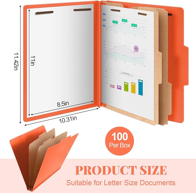 AmazingSpark 100 Pcs Classification Folder Letter Size Bulk, 2 Divider Pressboard File Folder with Expansion 2 Prong Fastener Heavy Duty Office File Organizer for School Medical Document(Orange) - Image 2