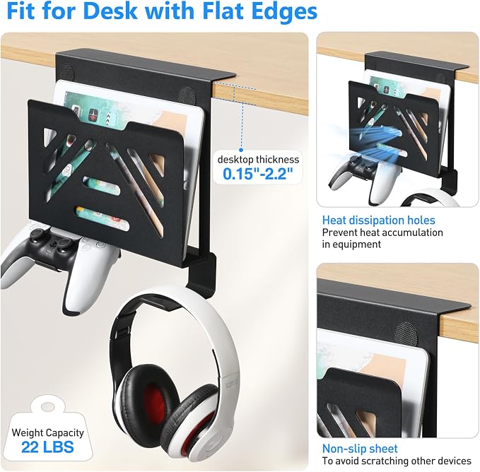 MAXECHO Desk Side Storage, Under Desk Laptop Mount, Table Side Hanging File Organizer, No Drill Clamp On Cable Management Tray, Laptop Holder with 2 Hooks for Office and Home, Load 22 Lbs - Image 2