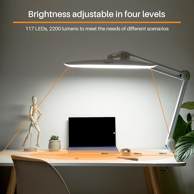 24W LED Desk Lamp with Clamp, 5 Dimming Modes, 5 Color temperatures up to 6000K, 2200 Lumens High Brightness Working Lamp with 182 Pcs LED(White, CCT)
