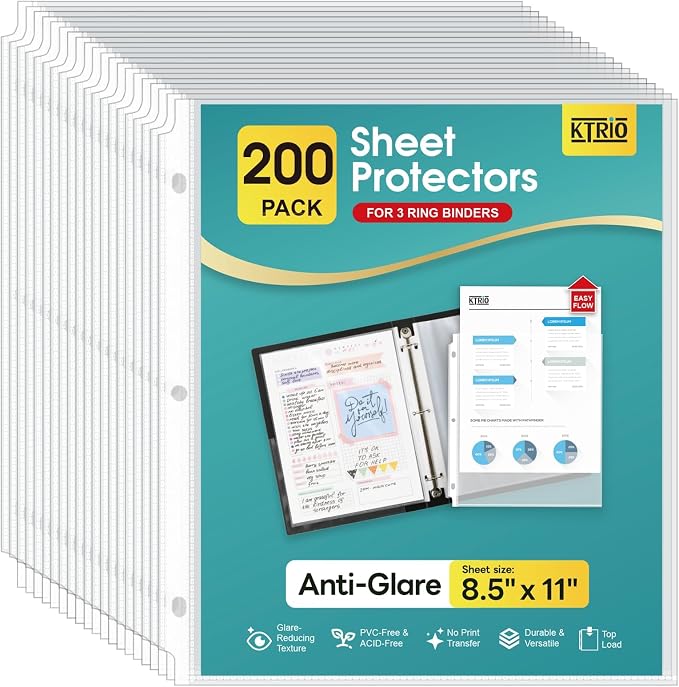 KTRIO Non Glare Sheet Protectors for 3 Ring Binder 200 Pack, 8.5 x 11 inch | Reduce Glare Clear Page Protectors Letter Size Plastic Paper Sleeves, Acid-Free, Top Loading, Business Office School Supplies by KTRIO
