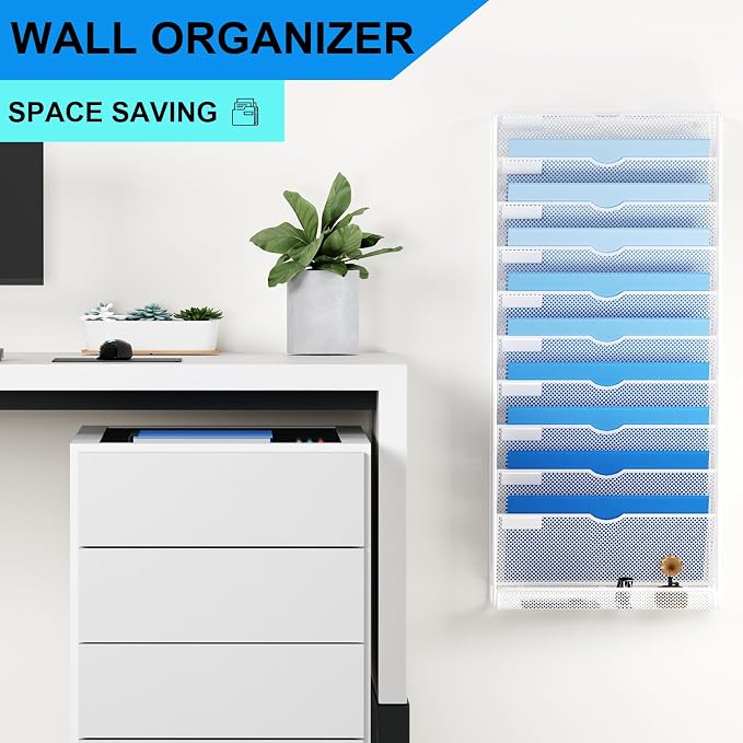 Hanging Wall File Organizer 10 Tier Wall Mounted File Holder Document Wall Organizer Magazine Organization for Office Home, White - Image 2