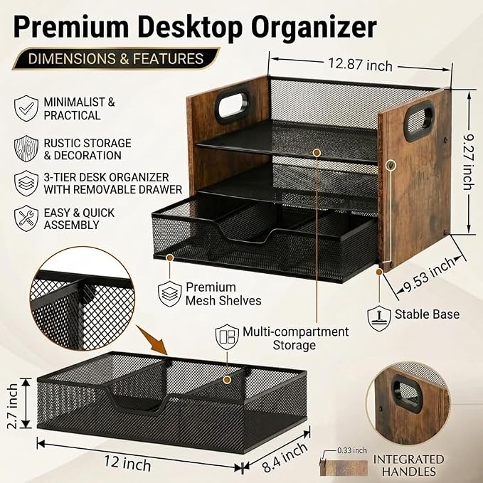 Wood Desk Organizer - 3-Tier Desktop File Organizer with Drawer, Wooden Paper Tray, Office Desk Organzier and Accessories for Papers, Mail, Notebooks, Stationery - Image 3