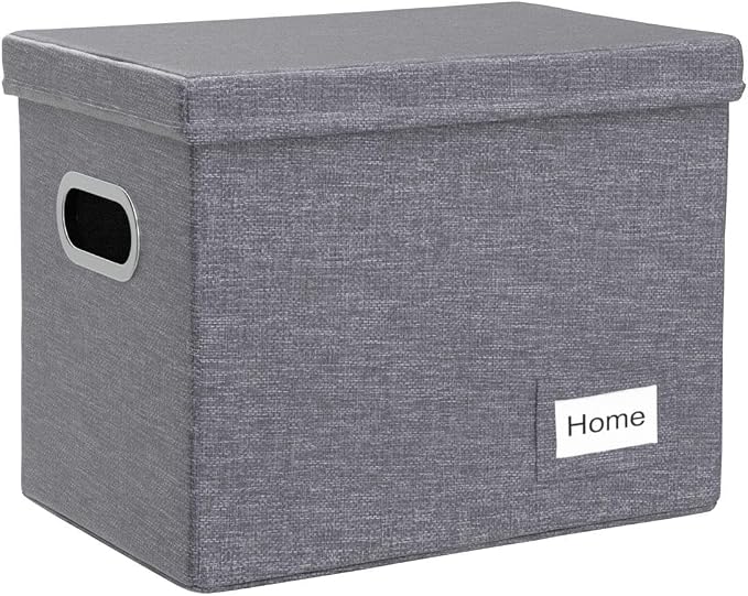 File Organizer Box - Set of 1 Collapsible Decorative Linen Filing Storage Hanging File Folders with Lids Office Cabinet Letter Size Grey (14x9.3x10.8 inch) - Image 4