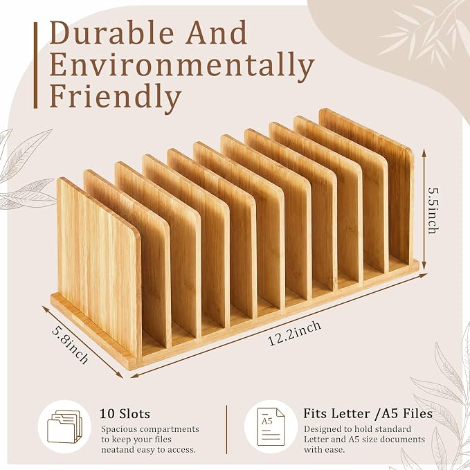 Suzile Bamboo File Mail Organizer for Desk, 10 Slot Vertical File Sorter,Letter Sorter, Desktop Mail Holder, Wooden Office Desk Organizer Countertop Paper Holders for Documents, Envelope - Image 2