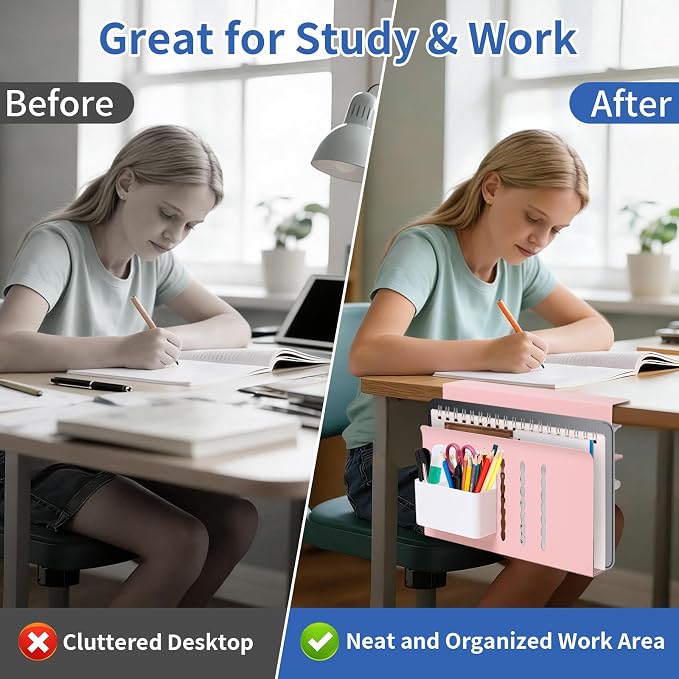 LUKETURE Desk Side Storage Laptop Holder No Drill Clamp On Organizer | Steel Side Desk Organizer, Clamp on Laptop Mount with Pen Holder, Hanging Storage for Home Office, Fits 0.3" to 2.8" - Image 7