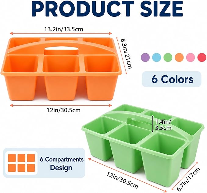 6 Pack Assorted Colors 6 Compartment Classroom Caddy with Handle Portable Plastic Storage Classroom Caddies Organizer for Classrooms Supply Teacher Office Table Desk(Rainbow) - Image 2
