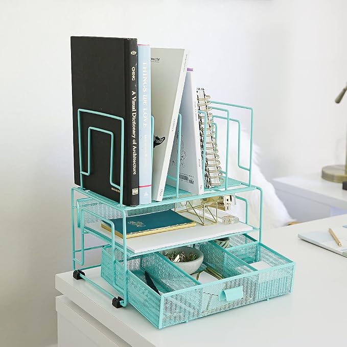 BLU MONACO Mint Green Desk Organizer With File Sorters and Drawer | Metal Mesh Desktop Storage for Office Supplies, Papers, Devices and Folders | 9.3”D x 12.5”W x 14”H All-In-One Workspace Holder - Image 4