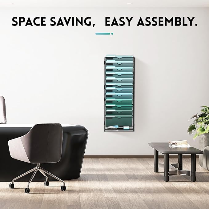 13-Tier Wall File Organizer, Hanging File Holder, Wall Mounted Mail Sorter | Metal Mesh Hanging File Organizer with Open Compartments and Label Panels for Papers and Folders at Home, Office or School - Image 5