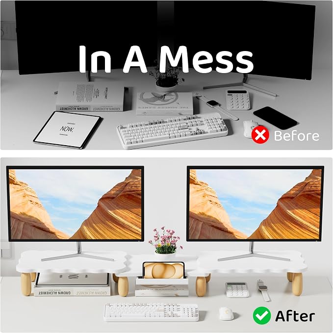 AFOOYO Dual Monitor Riser, Cookie-Shaped Adjustable Length & Swivel Angle, Wooden Desktop Organizer for 2 Monitors,Monitor Stand with Drawer for Laptop, PC, Computer, Printer,White - Image 4