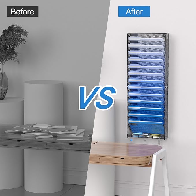 OUTWOLF 15 Tier Wall File Organizer with Hooks, Hanging Wall File Holder Wall Mount Paper Folder Organizer for Office, Magazine Rack - Image 6