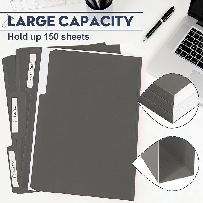 File Folders,Colored File Folders Letter Size,8.5" x 11",150 Pack 1/3 Cut Tab Bulk Folders with Blank Labels,Durable Paper Folders for Office Business School Home Use,Dark Gray - Image 4