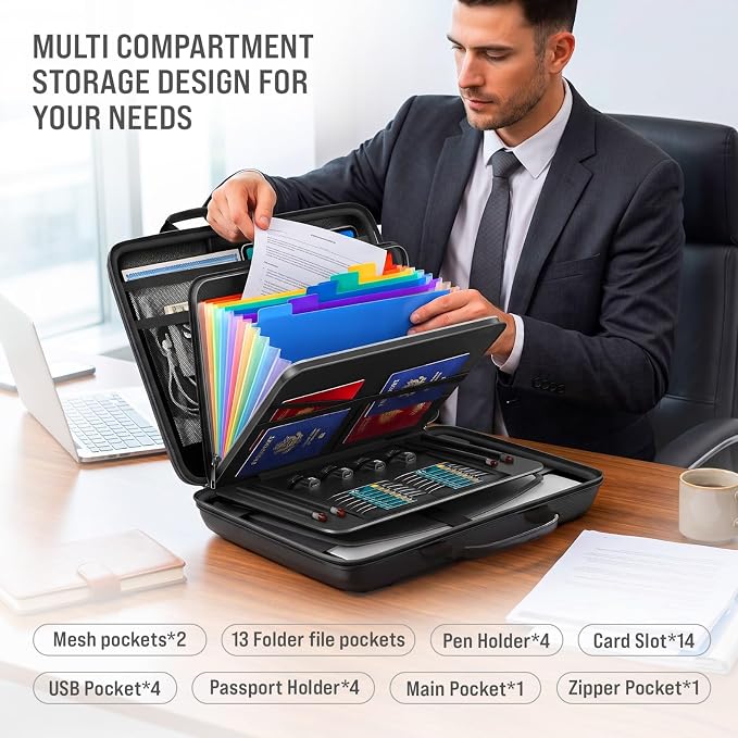 Fireproof Document Box with Lock & Waterproof Hard Shell File Organizer | Portable Safe Box with 13 Pocket Accordion File Folders, Home Office Travel Secure Storage Imp Documents Laptop & Valuables - Image 4