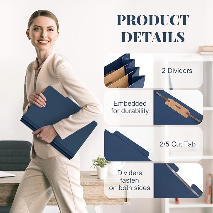 AmazingSpark 24 Pcs Classification Folder Letter Size Bulk 2 Divider Pressboard File Folder with Expansion 2 Prong Fastener Heavy Duty Office File Organizer for School Medical Document(Navy Blue) - Image 3