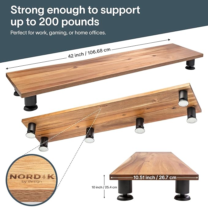 Nordik Dual Monitor Stand Riser -Hardwood Acacia Monitor Shelf (42x10.5 in) | Premium Handmade Acacia Wood Monitor Stand - Easy to Assemble Monitor Riser - Double Monitor Riser with Storage Organizer - Image 4