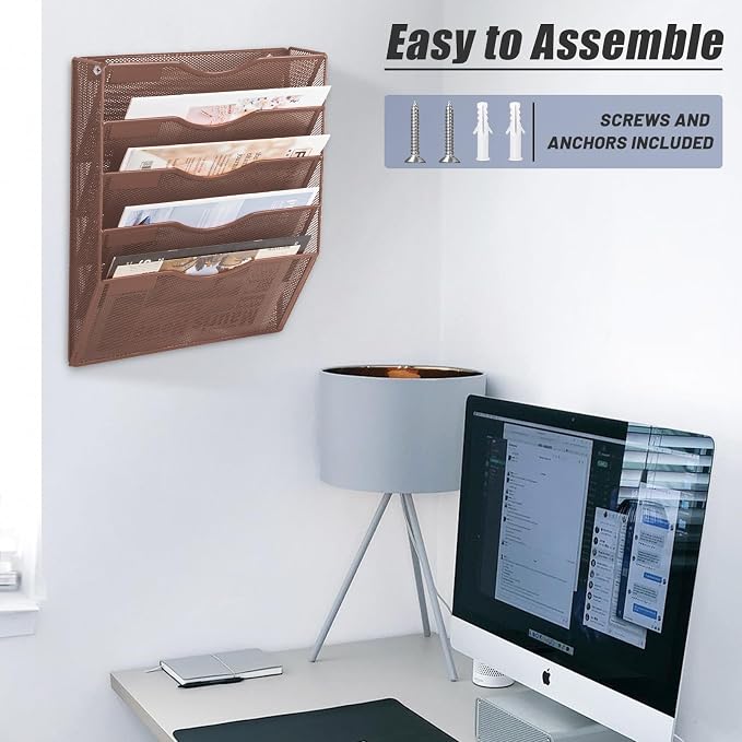 5 Pocket Mesh Hanging Wall File Organizer, Wall Mounted Mail Paper Document Folder Holder, Clipboard Storage Organization Magazine Rack with Nametag Label for Office Home School, Brown - Image 5