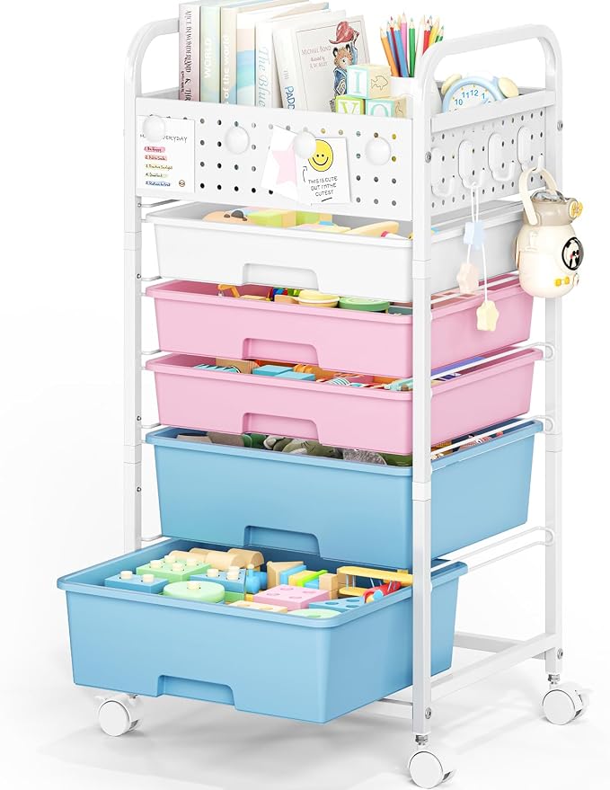 5 Drawer Rolling Storage Cart with Pegboard Top and Hooks, Pink&Blue | Mobile Organizer Cart with Wheels for Office Supplies, Craft Storage, Classroom Organization, Home Utility Cart by SYKIARIOL