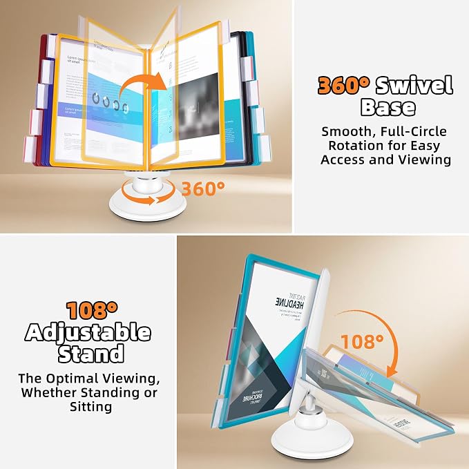 10-Pocket Desktop Reference & Display System with 360° Adjustable Base, Fast Flip & Find Desk Reference Organizer, A4/Letter Size 10 Double-Sided Panels with 5-Color Borders & Index Tabs, White - Image 3