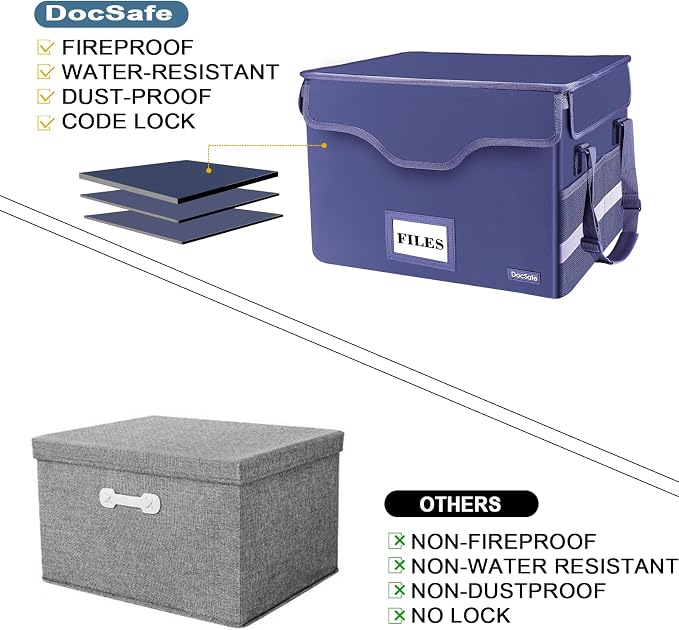 DocSafe Fireproof Document Box with Lock, File Storage Organizer with Mesh Pockets, Collapsible Portable File Box Home Office Safe Filing Cabinet with Handle for Hanging Letter/Legal Folder, Blue - Image 6