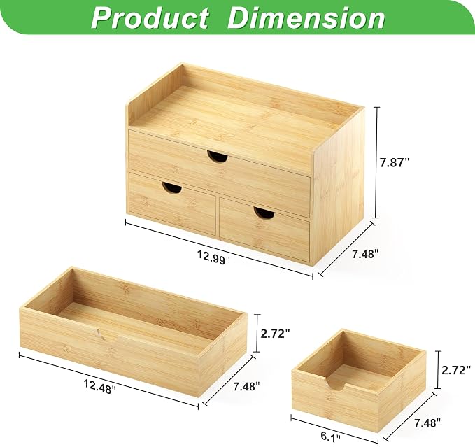 Bamboo Desk Organizer with Drawers, Desktop Storage Box for Office Supplies | 3 Drawers Desktop organizer, No Assembly Required, Natural Wood Wooden Desktop Drawers for Bills, Cosmetics, Seals, Paper - Image 3