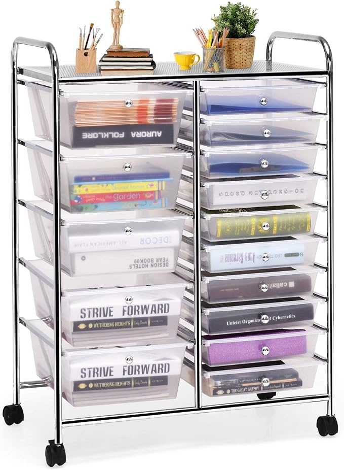 COSTWAY 15 Drawer Rolling Storage Cart, Mobile Utility Cart with Lockable Wheels, Drawers, Multipurpose Organizer Cart for Home, Office, School, Clear by COSTWAY