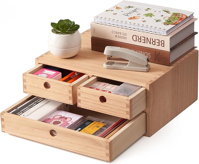 KIRIGEN Wood Desk Organizer with 3 Drawers, Desktop Storage, Natural 23-NA | Wooden Desktop Drawer Hold A4 Papers, Stationery, Jewelry, and Makeup, Fully Assembled for Home Office by KIRIGEN