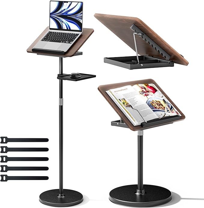 2 in 1 Adjustable Book Stand - Dual-Use Floor and Desktop Book Holder Stand, Height Adjustable 23.5-52 in, Elastic Page Clips for Music Sheet, Recipe, Tablet, Laptop-Black by Haweah