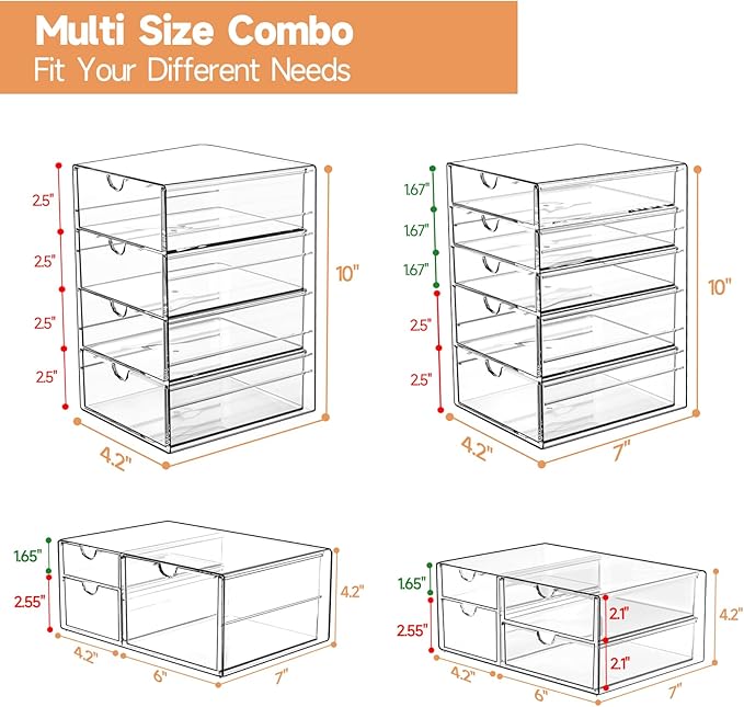 DOMNIU Acrylic Makeup Drawer Storage Organizer with 16 Drawers, 4 Set | Office Desk Organization and Storage, Dustproof Drawer Organizer for Makeup, Countertop, Jewelry, Desktop, Bathroom, Bedroom - Image 3