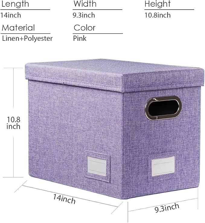 File Organizer Box - Set of 4 Collapsible Decorative Linen Filing Storage Hanging File Folders with Lids Office Cabinet Letter Size Purple (14x9.3x10.8 inch) - Image 7