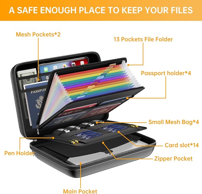 DocSafe Fireproof File Organizer with Lock, Hard-Shell Case Fireproof Document Box with 13 Pocket Accordion File Folder, Portable Home Office Travel Safe Storage for Important Documents Laptop Black - Image 8