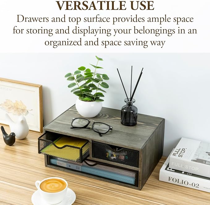 MyGift Vintage Weathered Gray Solid Wood Desktop Organizer Box with 3 Removable Black Metal Mesh Trays, Office Desk Supplies Storage Drawers for Accessories - Image 5