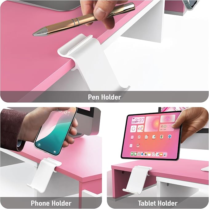 Simple Houseware Desk Dual Monitor Stand Riser with Drawer, Pink | Customizable Organizer Tray, Built-In Phone & Tablet Slot and Side Storage - Image 4